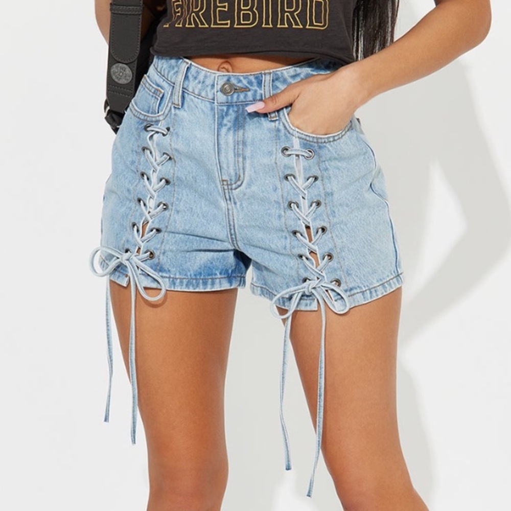 Light Blue Lace-Up Denim Shorts